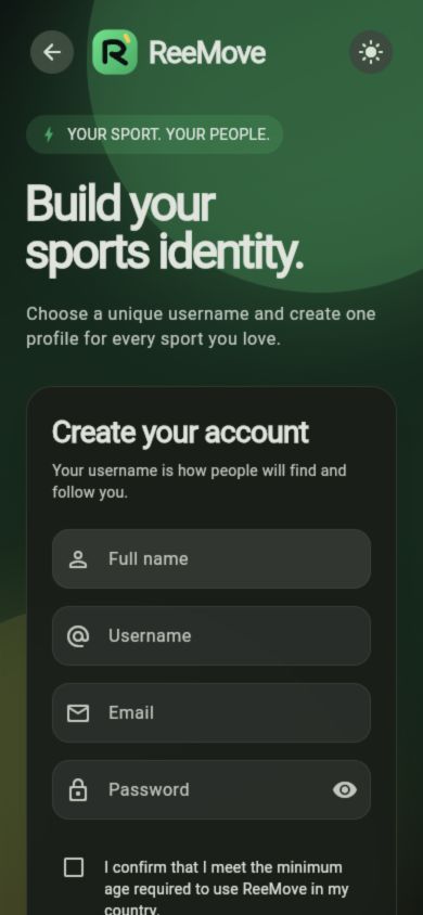 ReeMove mobile account-creation interface with empty fields