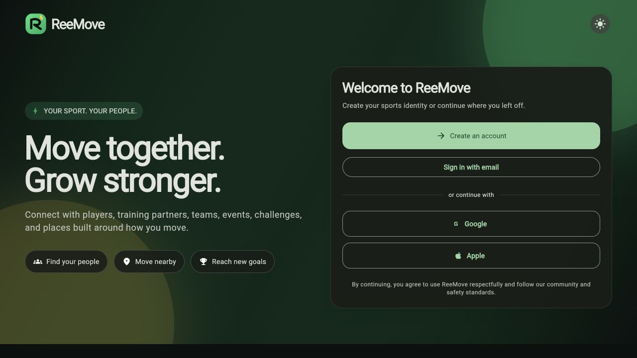 ReeMove desktop welcome screen with green sports-community branding