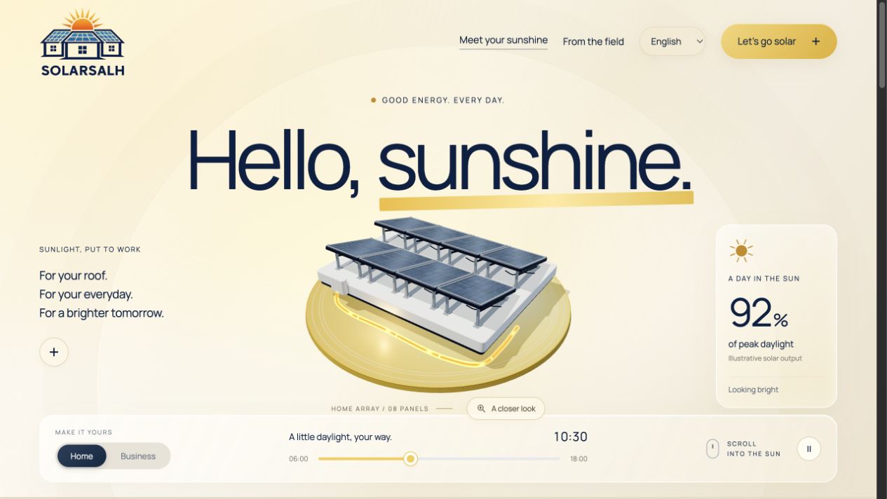 Saleh Solar System homepage with a three-dimensional solar installation